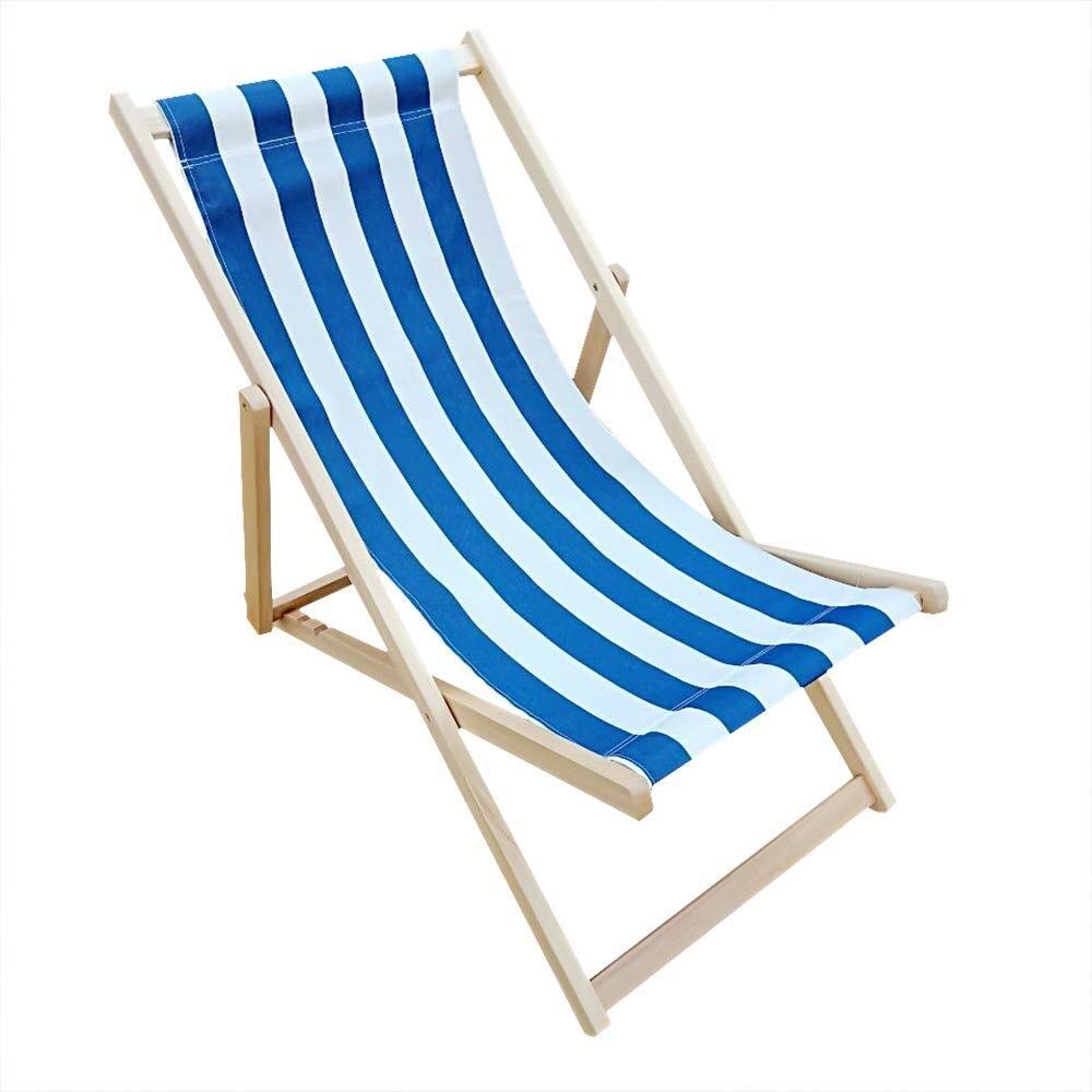 MXueei Folding Chair Deckchair Lounger Adjustable Beach Deck Hardwood Outdoor Garden Patio (Color : Blue+White Stripe)