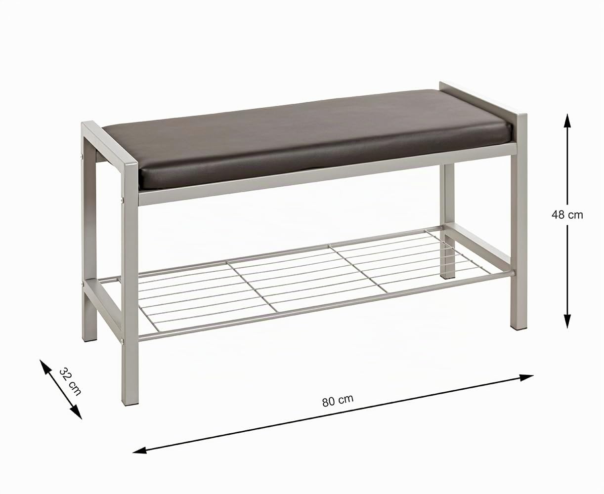 HAKU Panca per scarpe alu, nero, Finta pelle, metallo - Dim. L 80 cm x A 48 cm x P 32 cm, Stile Moderno