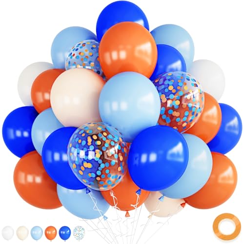 Image of Blue and Orange Balloons, 12 Inch Light Royal Blue Pastel Orange Confetti Balloon, White Helium Balloons for Kids Boys Theme Party Baby Shower Happy Birthday Party Decoration Supplies
