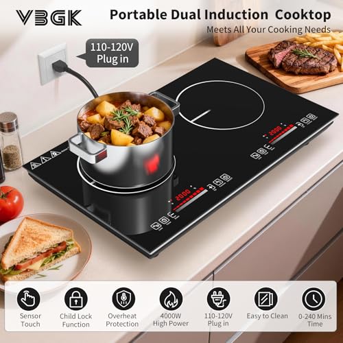 Image of VBGK 2 burner Induction cooktop,110V 4000Winduction hot plate with touch Control,9 Power Levels, Kids Lock & Timer,LED touch control 2ourner induction cooker