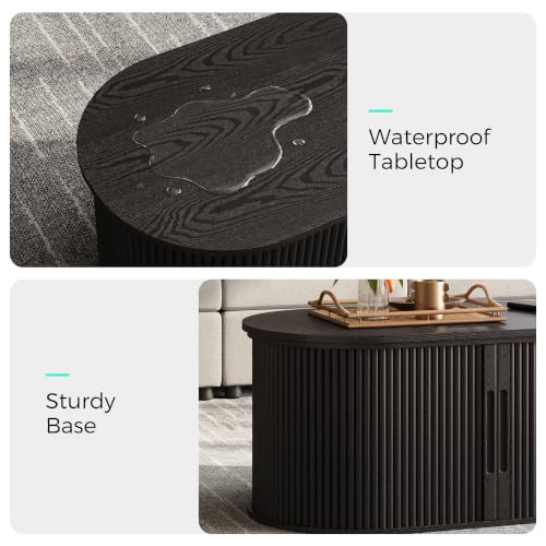 Image of LINSY Lift Top Coffee Table, Oval Fluted Coffee Table with Storage, Mid Century Modern Wooden Coffee Tables with Sliding Tambour Door, 39 inch Center Table for Living Room, Office, Small Space, Black