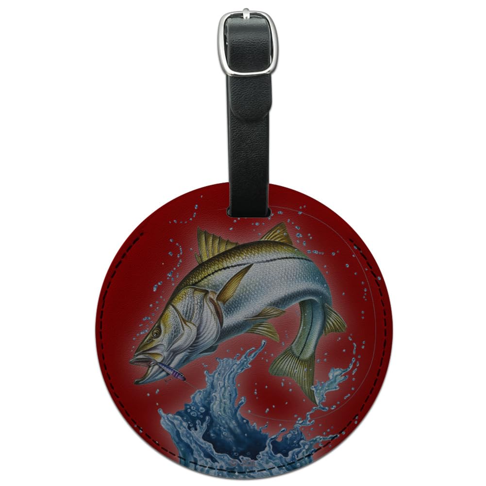 Snook Fishing 8 Round Leather Luggage Card Suitcase Carry-On ID Tag