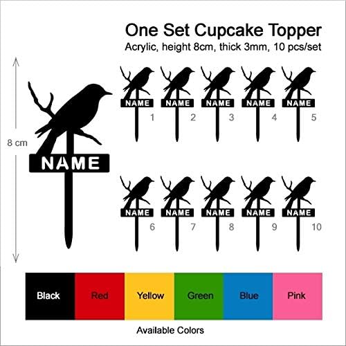 TA0315 Bird On Branch Silhouette Party Wedding Birthday Acrylic Cupcake Toppers Decor 10 pcs with Personalized Your Name