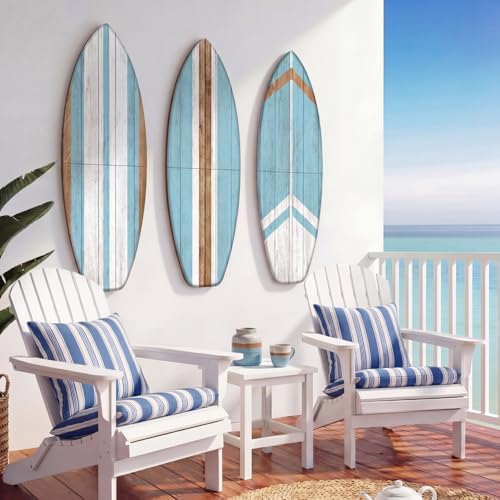 Yookeer 3 Pcs Surfboard Wall Decor,36' X 12' Large Wooden Coastal Beach Wall Decor Set, Aesthetic Cute Beachy Tropical Surf Board Art For Room Bedroom Decoration(Blue,Classic)