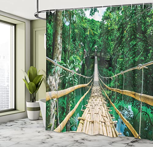 ABAKUHAUS Tropical Shower Curtain, Bamboo Pedestrian Suspension Bridge over River in Tropical Forest Philippines - Image 4