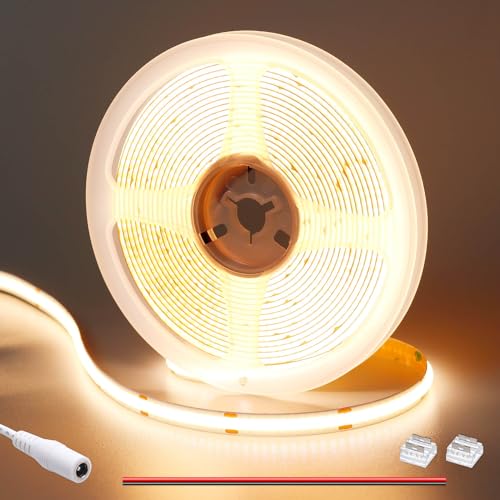 GOMING DC 24V COB LED Strip Light Warm White 3000K 16.4ft(5M) 1560LEDs CRI 93+ 4100lm Uniform Glow Flexible IP20 Not Waterproof LED Tape Lights for DIY Bedroom Kitchen Home Decor(No Power Supply)