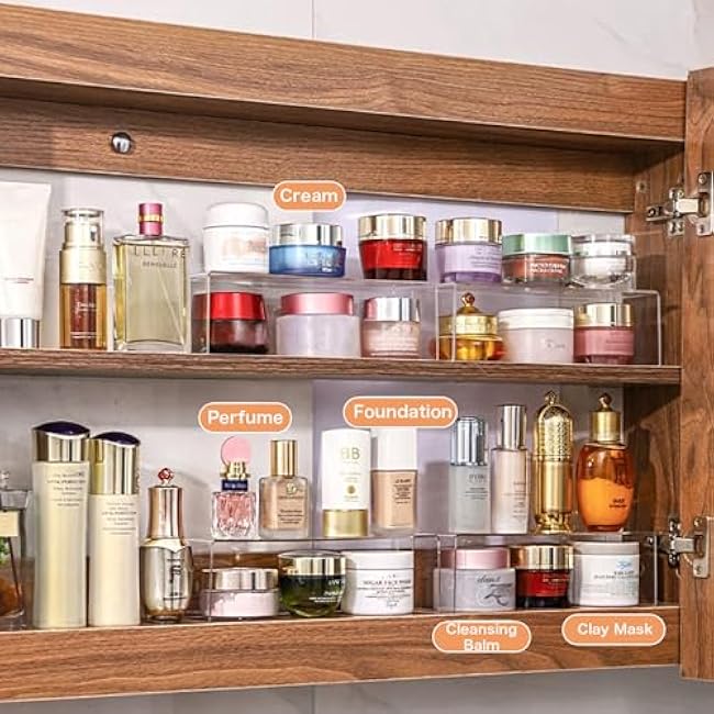 2 Pack Acrylic Medicine Cabinet Organizer, Narrow Bathroom Mirrior Cabinet Storage Shleves, Clear Acrylic Risers for Vanity, Kitchen & RV (11.34 x 2.95 x 3.66 in)