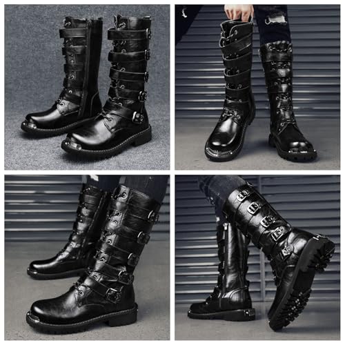Men'S Black Leather Motorcycle Boots With Single Zip & 5-Buckle System Steel Toe Cap & Anti-Slip Rubber Sole Thickened Traction Outsole For Highway Riding Punk Style Ankle Support 6