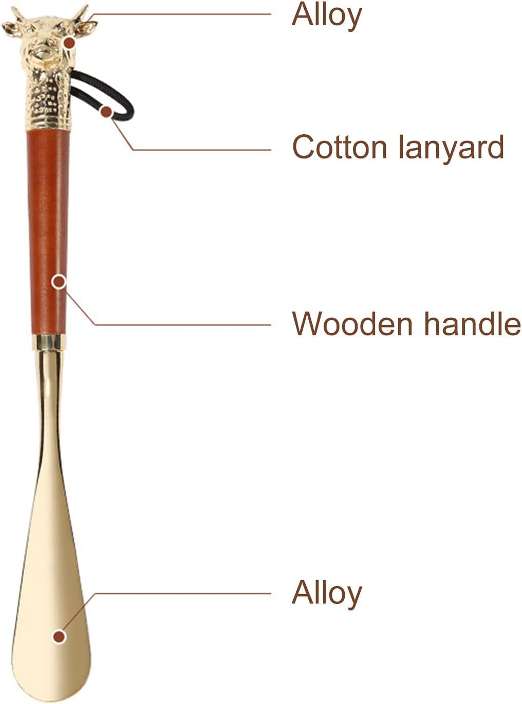 Ergonómico Calzador de Madera con Mango Largo, Calzador de decoración de Cabeza de Vaca de Metal, Cuchara para Zapatos Zapatos fáciles de Usar Herramienta Auxiliar para Zapatos Cómodo