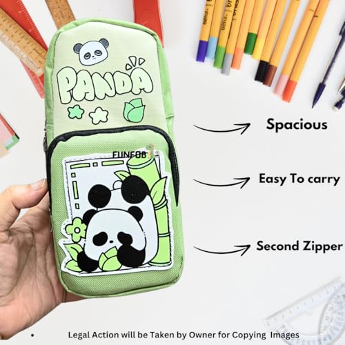 Image of Funfob Panda Pencil Pouch for School College for Pen Pencil Panda Pencil Box Travel or Cosmetic Case | Panda All Green Pouch