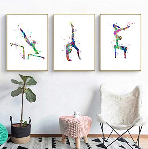 Wwjwf Cadeau De Gymnastique Gymnastique Balance Poutre Sport Affiches Et Impressions Aquarelle Toile Peinture Image Filles Chambre Mur Art Décor 40X50Cmx3 Pas De Cadre