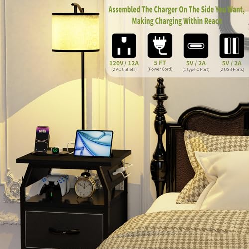 Image of runjuly Floor Lamp with Table, End Table with Charging Station&Light, Black