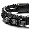 COOLSTEELANDBEYOND-Mens-Double-Row-Black-Braided-Leather-Bracelet-Bangle-Wristband-with-Black-Stainless-Steel-Ornaments COOLSTEELANDBEYOND Mens Double-Row Black Braided Leather Bracelet Bangle Wristband with Black Stainless Steel Ornaments