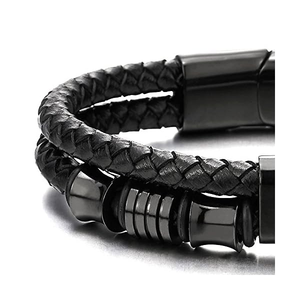 COOLSTEELANDBEYOND-Mens-Double-Row-Black-Braided-Leather-Bracelet-Bangle-Wristband-with-Black-Stainless-Steel-Ornaments COOLSTEELANDBEYOND Mens Double-Row Black Braided Leather Bracelet Bangle Wristband with Black Stainless Steel Ornaments
