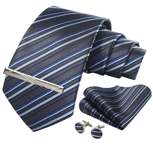 Image of Striped Plaid Polka Dot Mens Tie Formal Necktie Pocket Squares Ties Clips Cufflinks Classic for Men Set