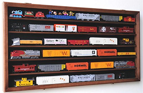 HO Scale Model Train Display Case Cabinet Wall Rack w/98% UV Protection- Lockable -Walnut - Thumbnail 4