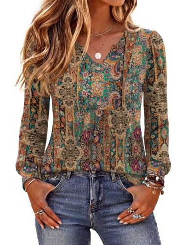 Image of Zeagoo Womens Long Sleeve Tops Fall V Neck Shirt Casual Pleated Tunic Top