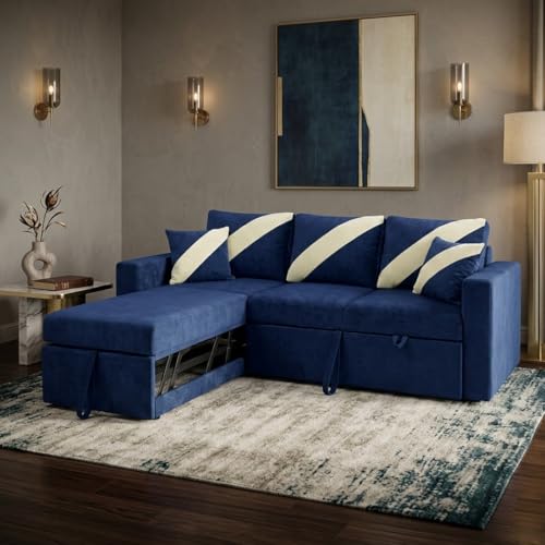 Image of FURNY Trivia 4 Seater LHS Lounger Sofa Cum Bed (Dark Blue) with Pull-Out Function | Luxury Velvet Suede Finish | Durable Comfort | Ideal for Living Room