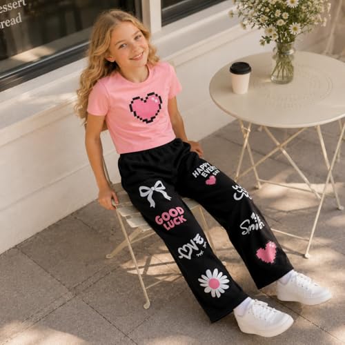 Image of Girls Clothes 2 Piece Cute Pixel Heart-Print Top Graffiti-Print Pants Sets | Trendy Y2K Inspired Outfit with Fitted Top and Wide Leg Bottoms, Casual Streetwear for Teens Girls 7-14Y