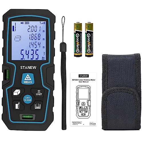 STANEW Portable Digital Laser Rangefinder 50m/165ft Laser Measuring Tool with 2 Bubble Levels Length/Area/Volume Theorem Measurement/Chokes Theorem with LCD Backlight IP54 2* Batteries