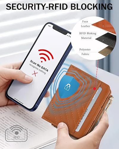 Image of Small Bifold Wallets Woman RFID Mini Wallet for Women Slim Card Holder with Zipper Coin Pocket & 2 ID Windows (Brown)