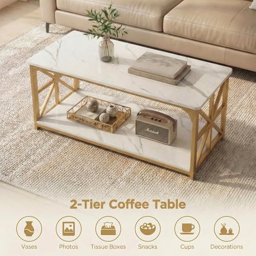 Image of GOFLAME 2-Tier Rectangular Coffee Table, Modern Center Table with Wooden Top, Metal Frame, X Shaped Side Pattern, Display Accent Tea Tables, Living Room Tables for Apartment (White & Gold)