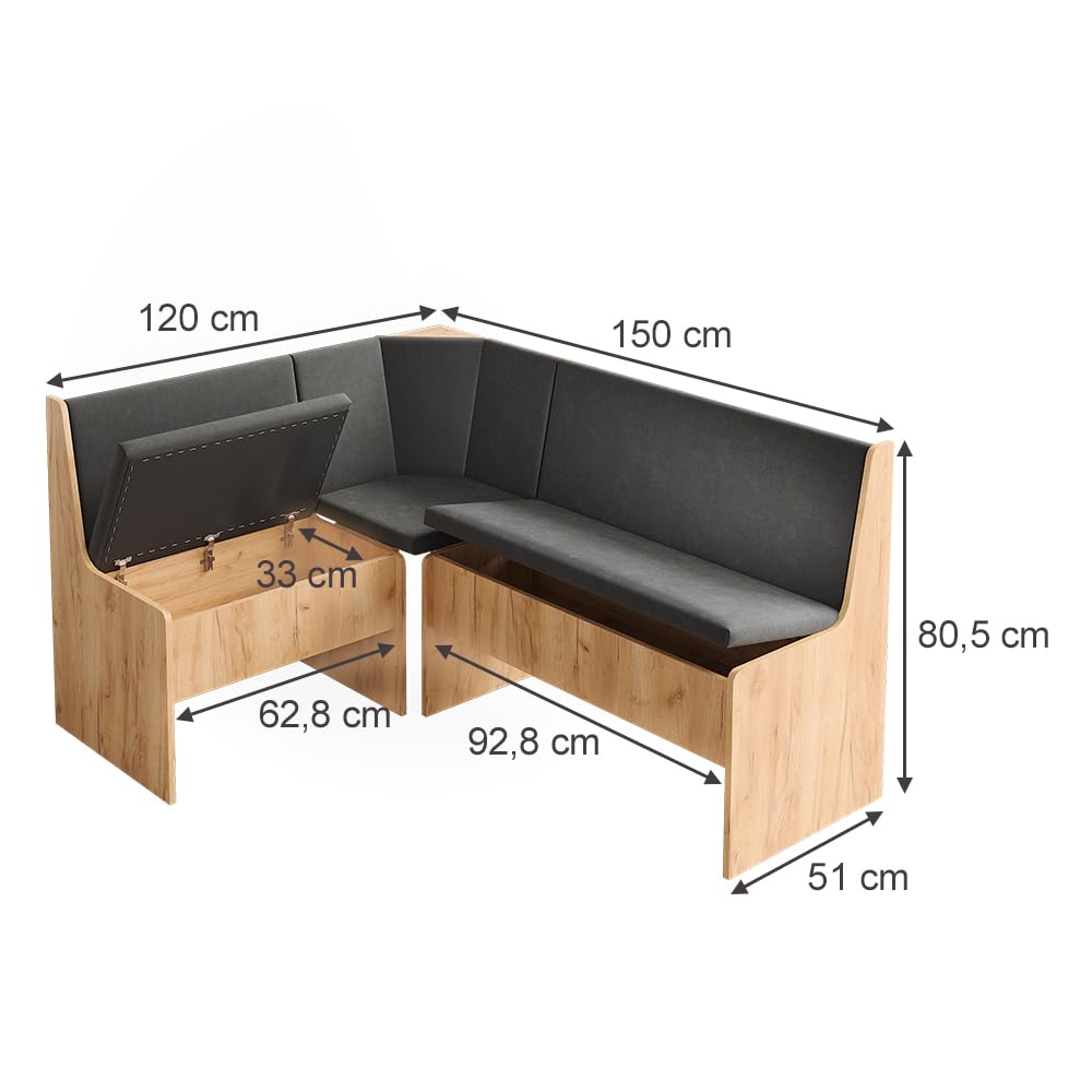Vicco Esszimmer-Eckbank Ramon, Goldkraft Eiche, 150 x 51 cm mit Stauraum, mit Stauraum unter der Sitzfläche für zusätzlichen Platz