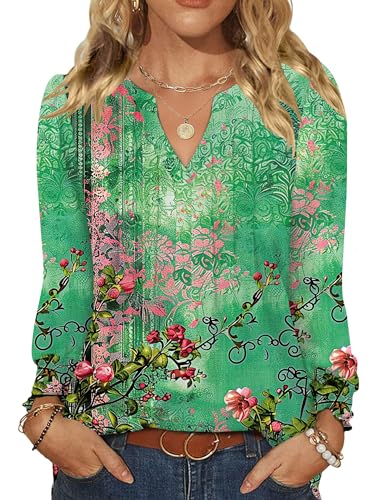 LOMON Womens Tops Dressy Casual Pleated Ruffle Long Sleeve Shirts for Women Teacher Outfits Ladies Tops and Blouses Green Floral XL