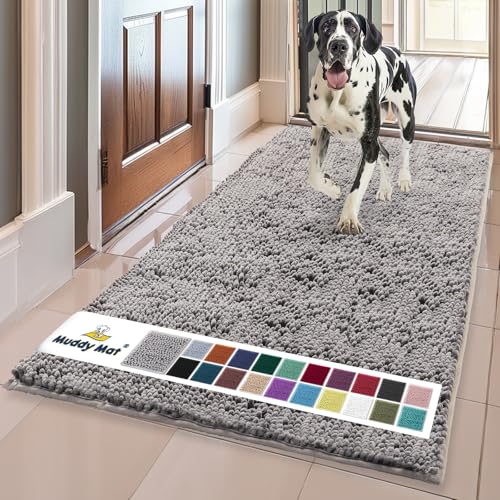 Muddy Mat® Shown on TV – Super Absorbent Microfiber Dog Door Mat for Muddy Paws, Non-Slip Washable Pet Rug, Quick Dry Chenille Entryway Carpet, Machine Washable Indoor Outdoor mat, Grey 59"x35"