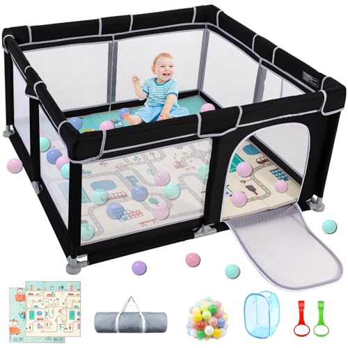 Image of Baby Playpen with Mat, Durable and Secure Baby Play Pen, 50”×50” Playpen Kids Activity Play Center, Equipped with Anti-Slip Suckers and a Zipper Gate（Black）