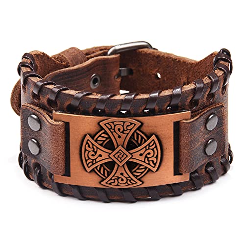 NIGHTCRUZ Celtic Solar Cross Bracelet, Leather Cuff Wristband with Irish Charm Amulet