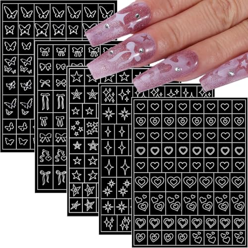 Celblisora Airbrush Nagelschablonen 5 Blatt,Schmetterling Herz Stern Schleife French Design,Hohldruckvorlage Aufkleber für Damen DIY Maniküre Nail Art