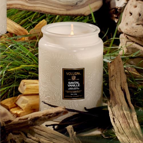 Image of Voluspa Santal Vanille Large Scented Candle Jar 18 Oz, 100 Hr Burn | Coconut Wax Blend in Decorative Glass, Clean Even Burn, USA Handcrafted Gift for Hosts, Fragrance Lovers & Relaxed Rooms