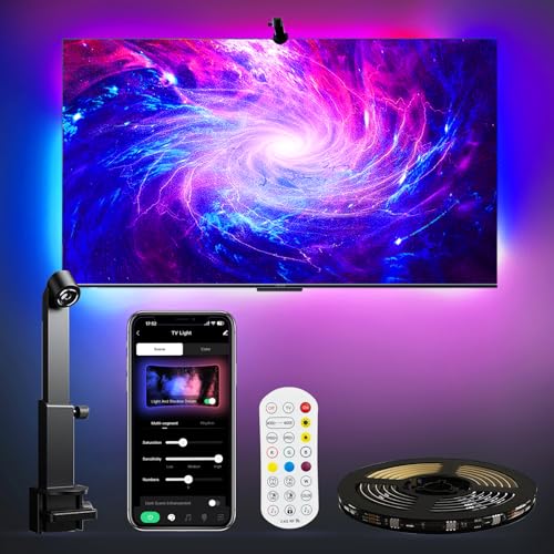 CCILAND TV LED Backlight with Camera for 55-65 inch Screens, 13Ft LED Strip Lights Sync to Screen & Music, RGB Built in Chip Strip Lights Color Changing, Smart App Control, USB Power