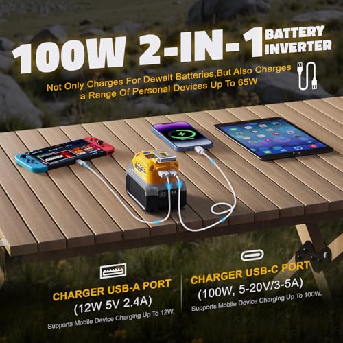 100W USB Battery Adapter for Dewalt, Power Inverter Battery Inverter Battery Charger Power Station with Type-C Port & USB Port & LED Light for Dewalt 20V & Electronic Device (Tool Only)