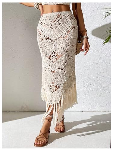 GORGLITTER Women's Crochet Beach Skirt Hollow Out Fringe High Waisted Bathing Suit Cover Up3