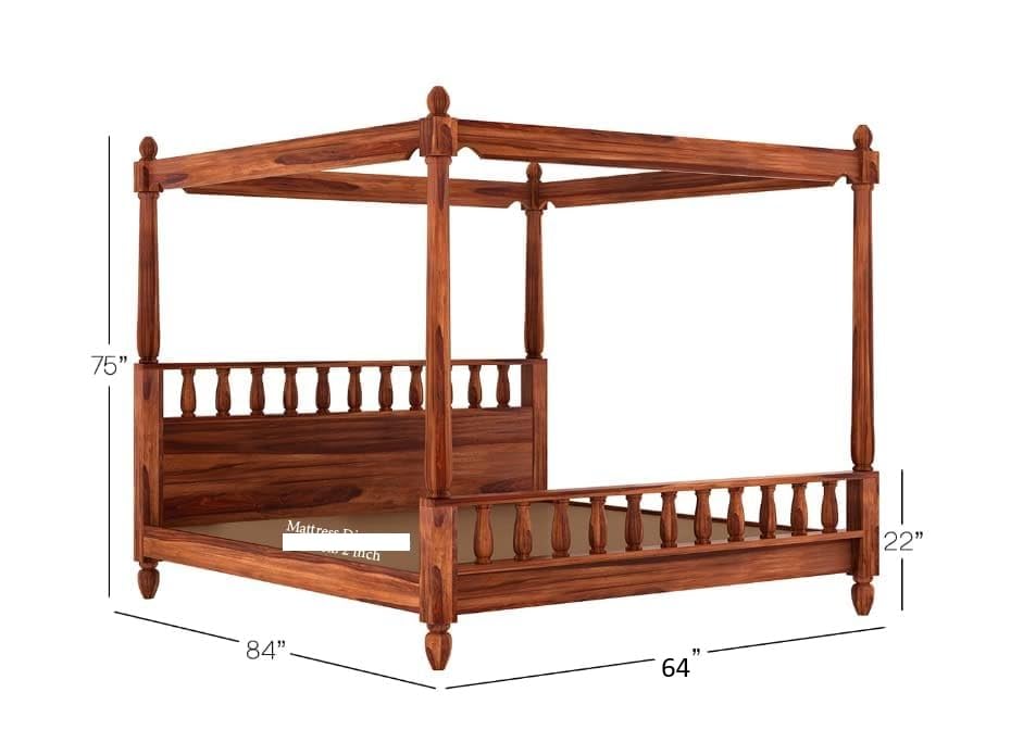 Image of Sheesham Wood Queen Size Poster Bed Wooden Double Bed Cot Bed Furniture for Bedroom Home and Hotel (Honey Finish- Queen Size)