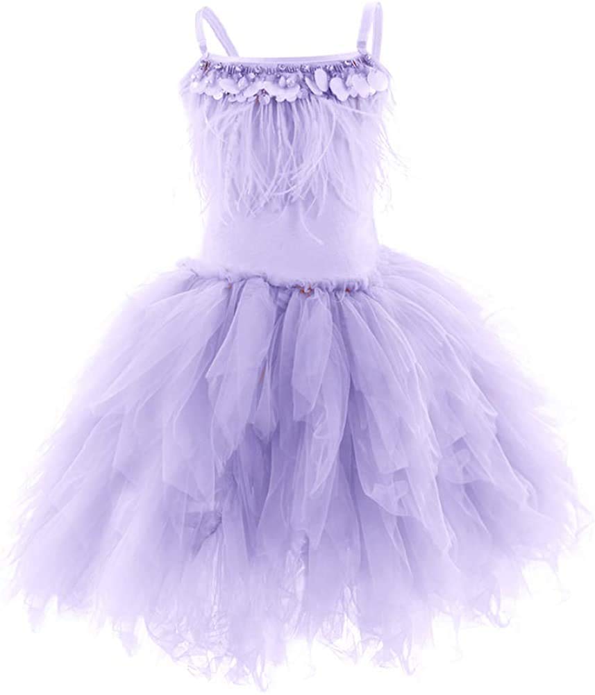 IWEMEKSwan Princess Feather Fringes Tiered Tutu Tulle Flower Girls Dress Wedding Ballerina Dance Pageant Birthday Party Prom Gown