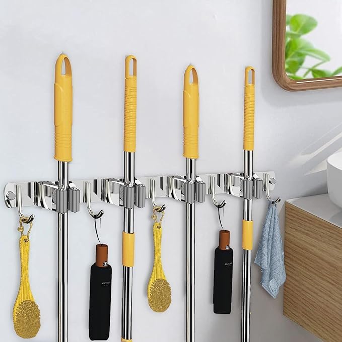NYALA 1 Pcs Stainless Steel 4 Racks with 5 Hook Heavy Duty Wall Mount Broom & Mop Holder, Storage Organizer for Kitchen and Bathroom-image-43