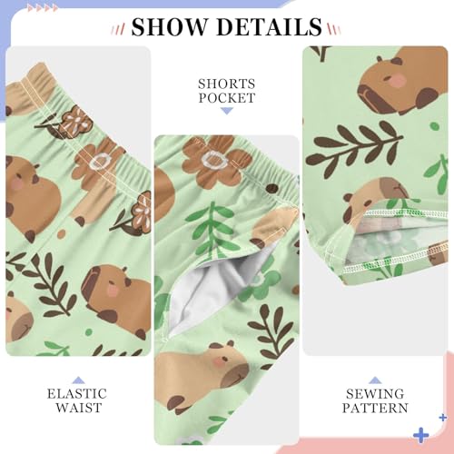Cute Capybara Green Flowers Cute Pajama Pants, Soft Sleepwear Lounge Pants Pajama Pj Bottoms for 6-14 Years4