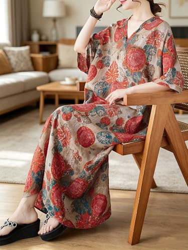 Image of Plus Size Summer Dress Printed V Neck Casual Loose Long Dresses with Pockets