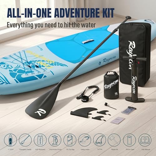Image of Inflatable Stand Up Paddle Board 11'x34 inch Extra Wide SUP, Ultra-Stable for Adults & Dog, 450lbs, Dual Chamber Pump, Fiberglass Paddle, Military Grade Dual Layer