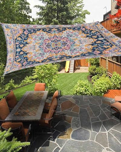 Boho Patterned Floral Sun Sail Shades Rectangle Canopy,Sunlight Block Heavy Duty Curved Backyard Shade Cover,Waterproof Sun Shades for Patios Outdoor,12'x16' Bohemian Abstract Indian Tribal Aesthetic