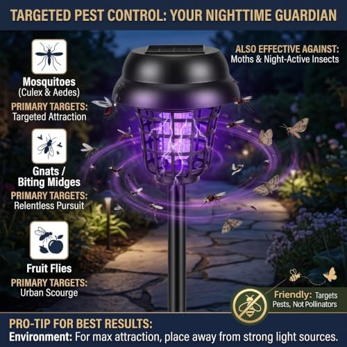 2026 Upgraded Solar Bug Zapper Outdoor Waterproof Mosquito Repellent Outdoor Patio Mosquito Trap & Killer for Moths,Gnats,Flies, Small Flying Insect,Solar Powered Fly Zapper for Backyard,Garden,4 Pack