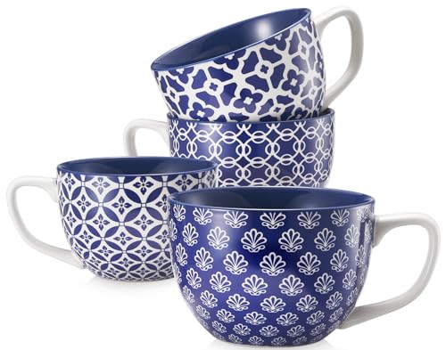 Dowan Coffee Mugs Set Of 4, 24 Oz Large Coffee Mugs, Jumbo Soup Mugs With Handles, Ceramic Coffee Cups For Coffee Cereal Latte For Men Women, Housewarming Wedding Gift, Vintage Blue