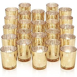 Gold Tea Lights Candles Holders for Wedding Centerpieces, Votive Candle Holders for Party Home Wedding Shower Decorations, Table – Mercury Glass Votives, 24Pcs