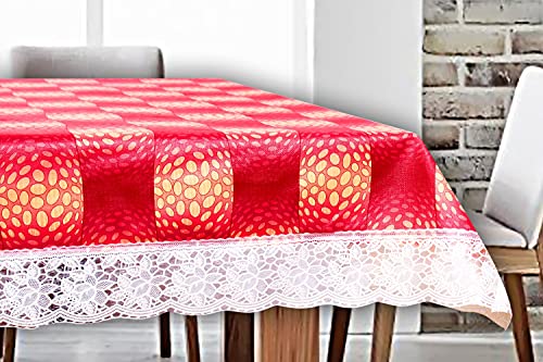Image of The Furnishing Tree Waterproof PVC Rectangle Shaped 12 Seater Table Cover WxL 60x140 inches Gingham Pattern Red with White Border lace