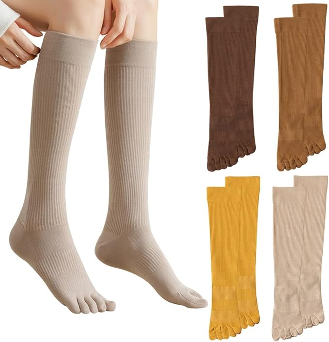 AOOPOO Lot De 4 Chaussettes à Doigts Femme Genou Haut – Cinq Orteils Séparés Coton Respirant – Chaussettes Sport & Quotidien EU 35-40 – Anti-Ampoules & Anti-Odeurs