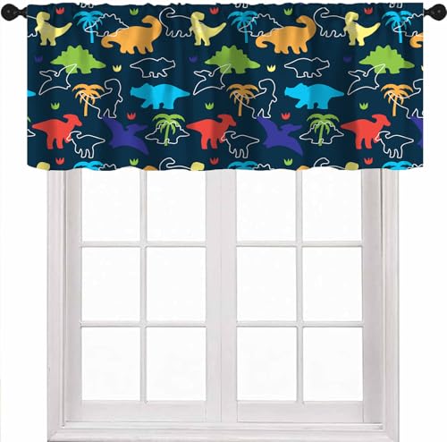 ShiTingYu Boys Dinosaur Valance Curtains, Cartoon Dino Blackout Kids Window Treatments for Boys Girls Children Nursery Living Room Bedroom, Colorful Safari Animal Navy Blue, 54x18 Inch