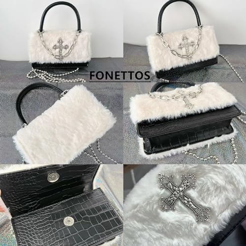 Y2K Gothic Punk Handbag Indie Cross Studded Shoulder bag for Egirl Woman Kawaii Purse Cool Girl Crossbody Fluffy Bag4